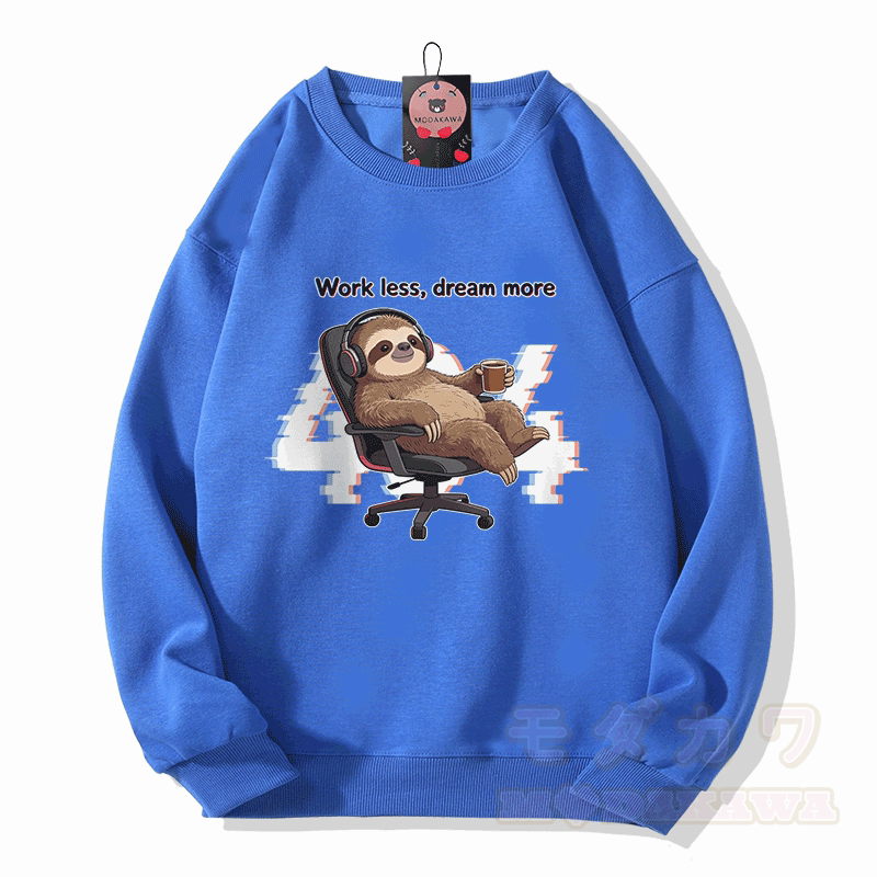404 WORK LESS DREAM MORE Sloth Graphic Modakawa Unisex Sweatshirt - Royal Blue - 5XL - image 3
