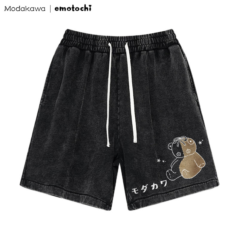 Stitched Bear Graphic Vintage Washed Shorts - Black - 3XL - image 3