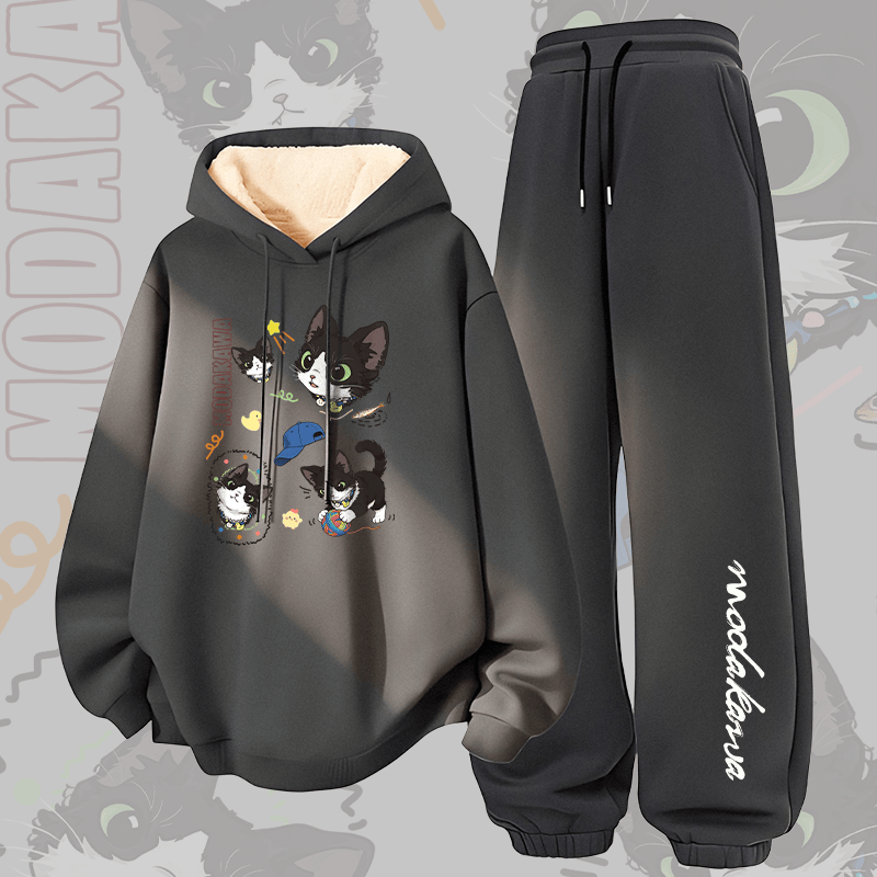 MODAKAWA Cheeky Black Cat Graphic Thick Fleece Lined Hoodie Pants Two Pieces Set - Dark Grey - 5XL - image 2