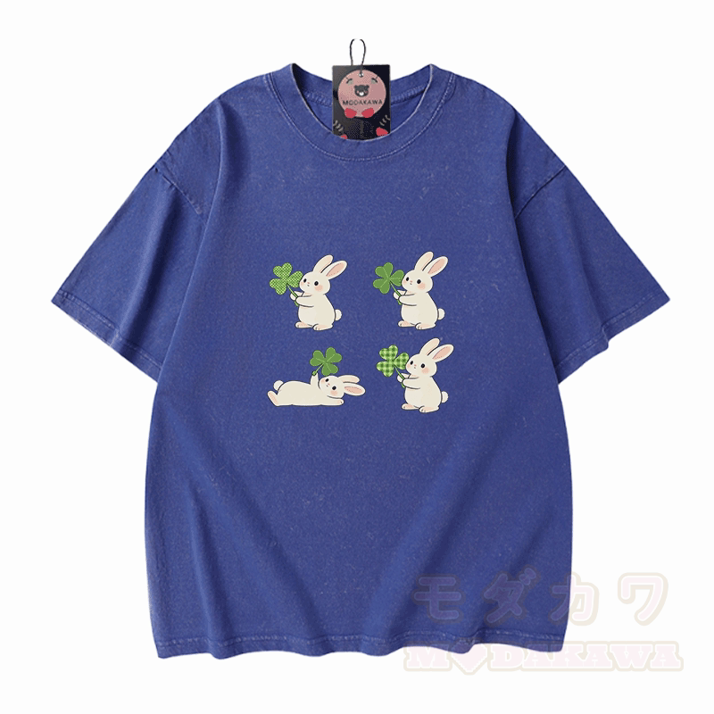 St. Patrick's Day Bunny Graphic Modakawa Vintage Washed 100% Cotton T-shirt - Blue - 5XL - image 4
