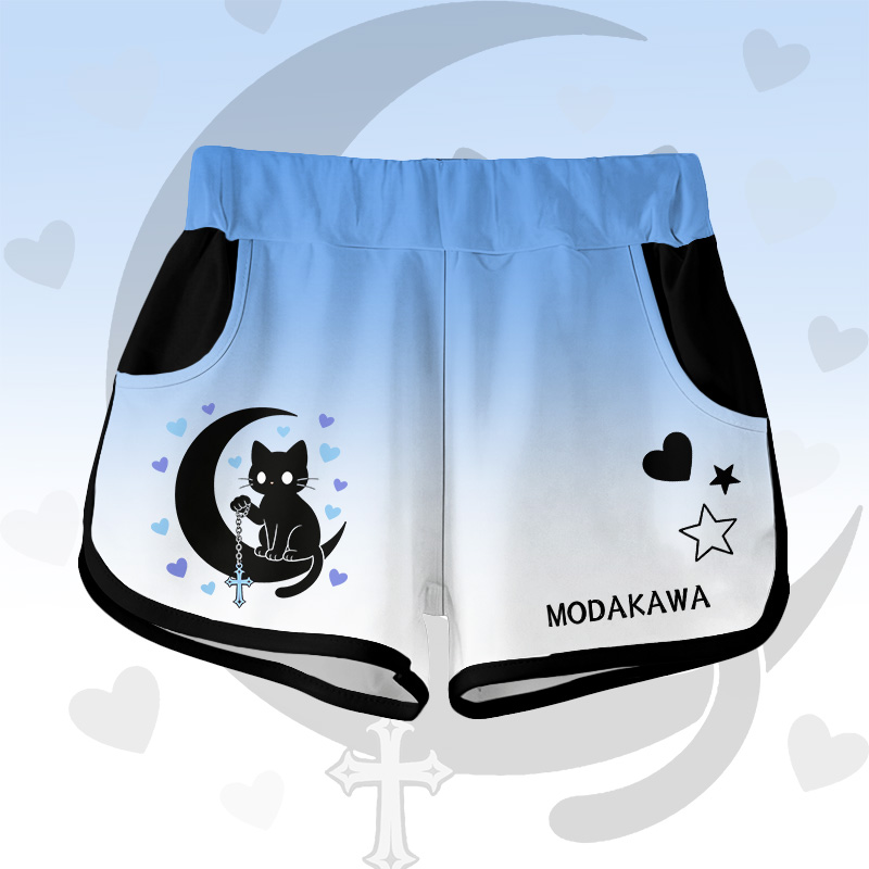 Astrology Black Cat Graphic Modakawa Shorts - Blue B - 5XL - image 8