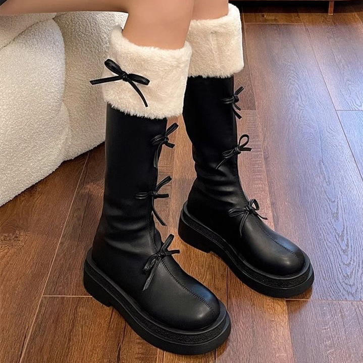 Bow Detail Faux Fur Collar Platform Tall Boots - image 5