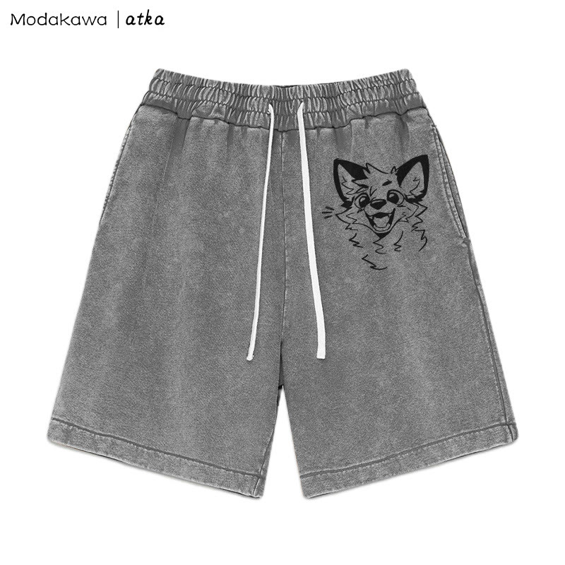 MODAKAWA X atka Cheerful Fox Graphic Vintage Washed Shorts - Grey - 3XL - image 4