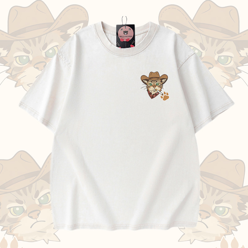 Cat Graphic Modakawa Vintage Washed T-shirt Denim Shorts Matching Outfit - White T-shirt - 3XL - image 2