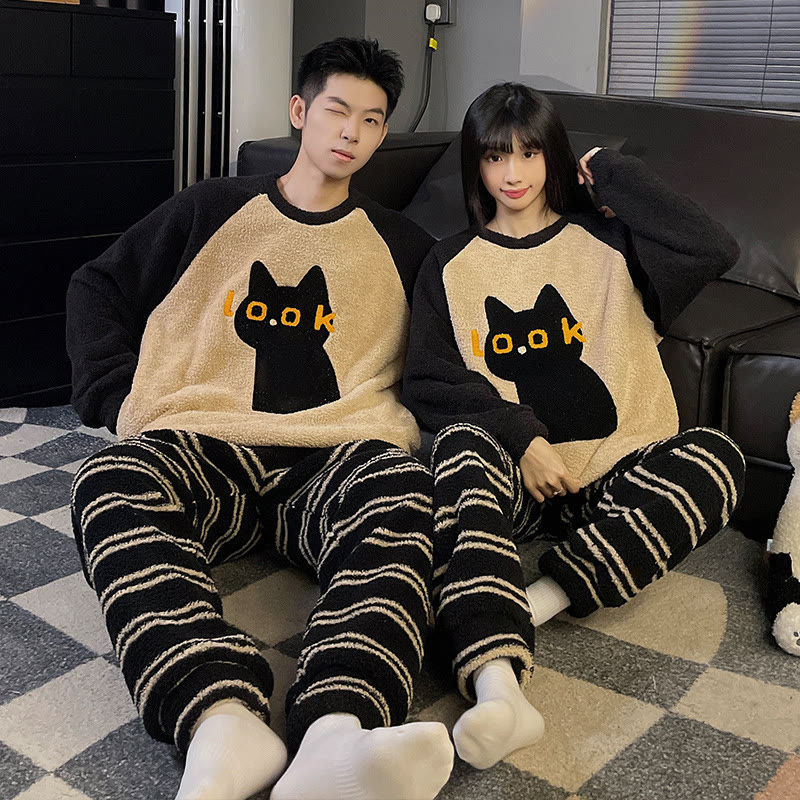 Cute Cartoon Coral Fleece Couple Pajamas - Look Cat - Men:3XL - image 8