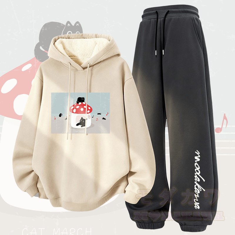 MODAKAWA Cat Melody Graphic Thick Fleece Lined Hoodie Pants Two Pieces Set - Apricot&Dark Grey - 5XL - image 4