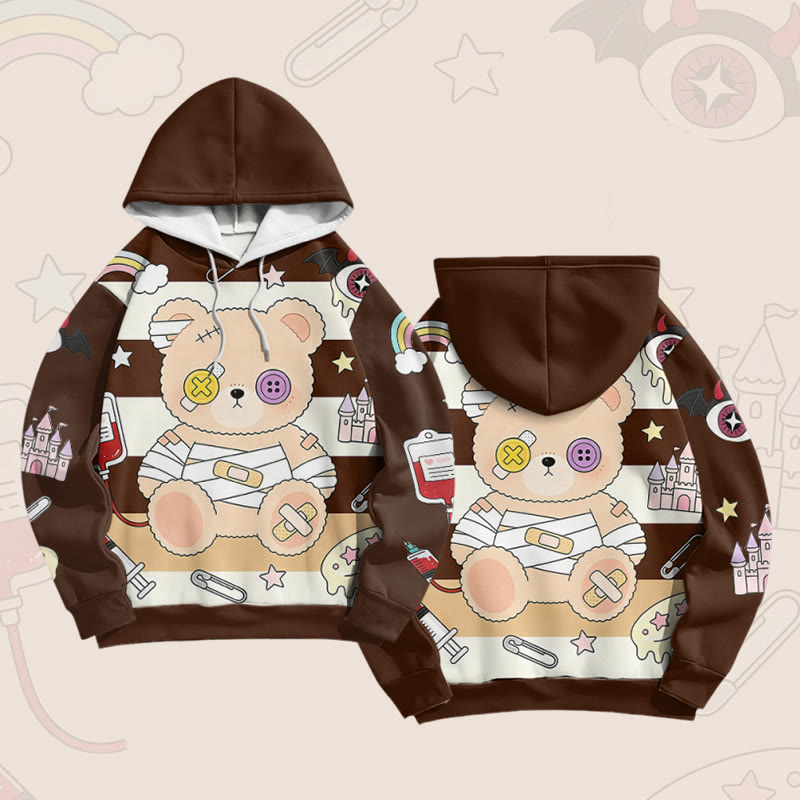 Patchwork Bear Graphic Modakawa Color Block Pullover Hoodie - Brown - 6XL - image 5