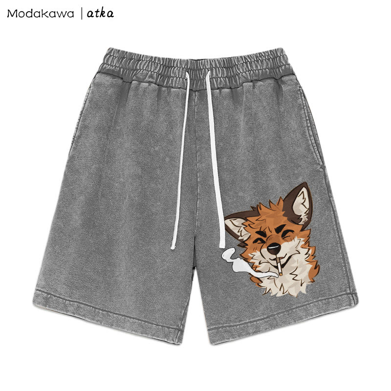 MODAKAWA X atka Fox Smoking Graphic Vintage Washed Shorts - Grey - 3XL - image 3