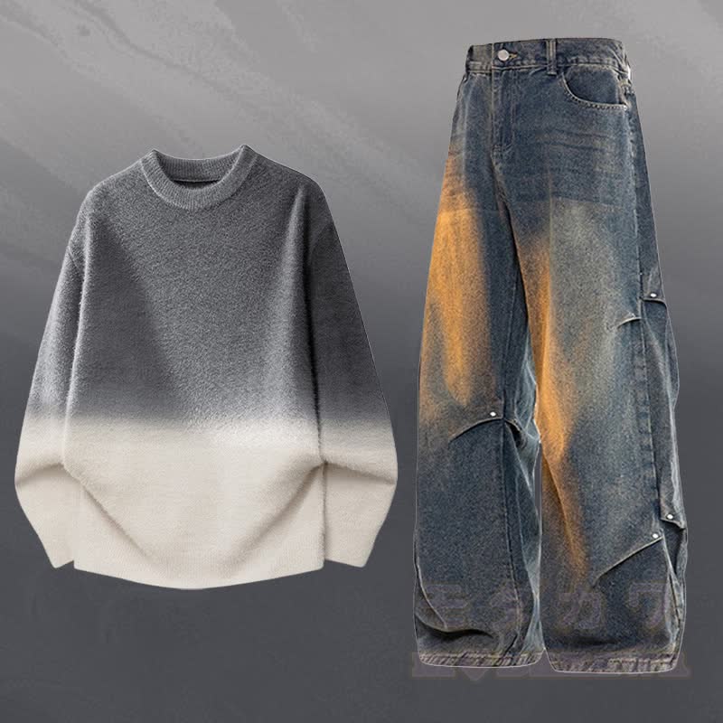 Gradient Knit Sweater Denim Pants Two Pieces - Set C - 3XL - image 3