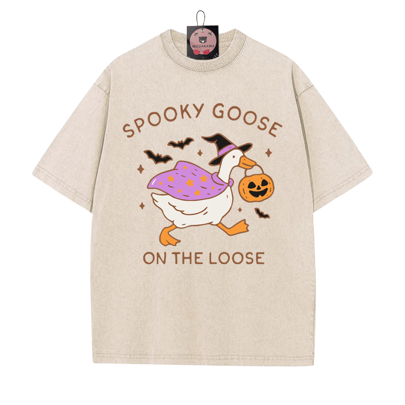 SPOOKY GOOSE ON THE LOOSE Halloween Graphic Unisex Vintage Washed T-Shirt - Apricot - 5XL - image 5