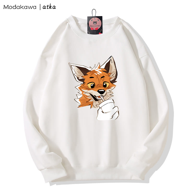 MODAKAWA X atka Fox Print Round Collar Sweatshirt - White - 5XL - image 3