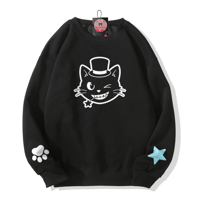 Cat Hat Graphic Modakawa Sweatshirt - Black - 5XL - image 2