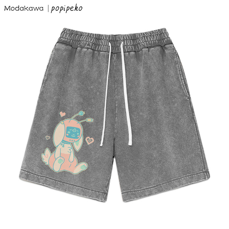 MODAKAWA X popipeko Robot Bunny Print Vintage Washed Shorts - Grey - 3XL - image 4