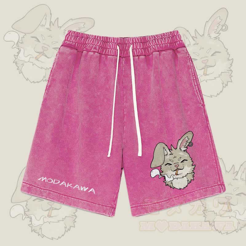 MODAKAWA Nabi Smoking Graphic Vintage Washed Streetwear Shorts - Rose Red - 3XL - image 4