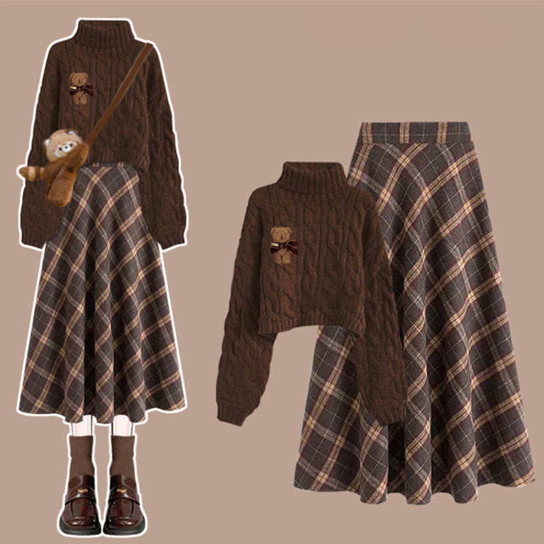 Maillard Knit Sweater and Plaid Skirt Two Pieces Set - Coffee Sweater & Brown Skirt - XL - image 5
