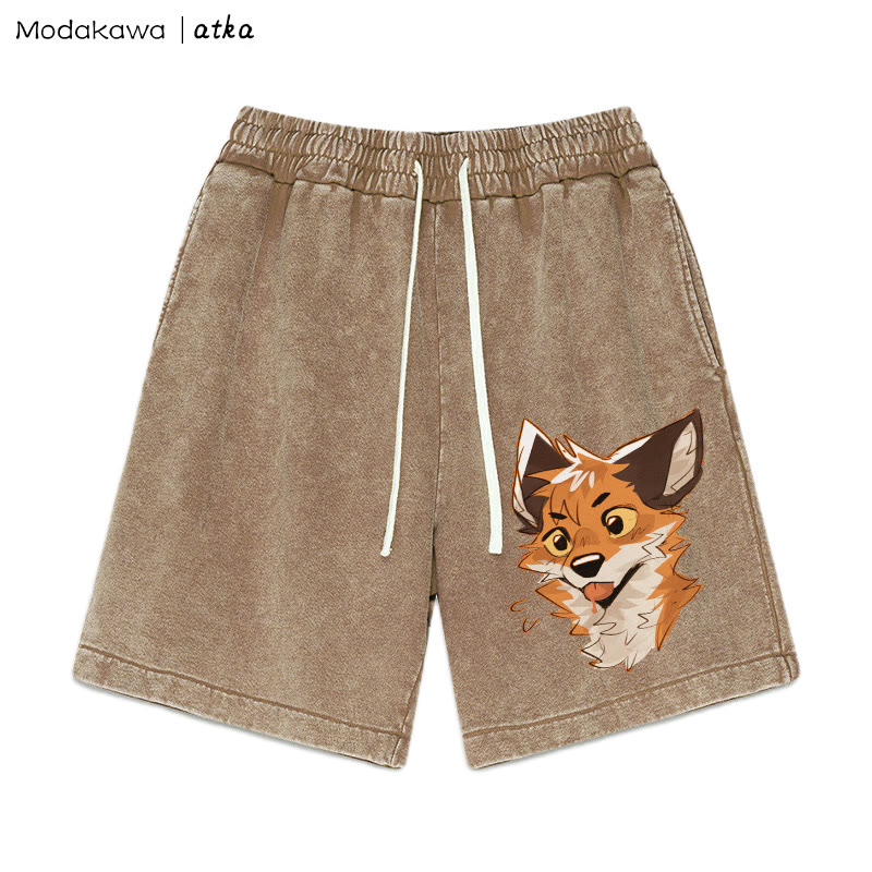 Cheeky Tongue-Out Fox Graphic Vintage Washed Shorts - Brown - 3XL - image 4
