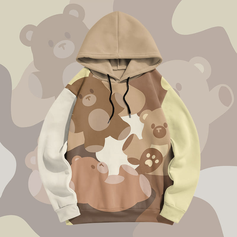 MODAKAWA Color Block Bear Graphic All Over Print Pullover Hoodie - Khaki - 6XL - image 3