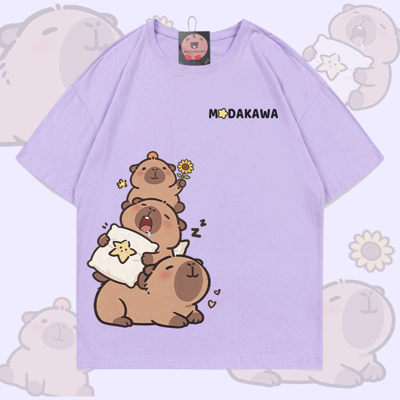 Funny Capybara Graphic 100% Cotton Modakawa T-shirt - Light Purple - 5XL - image 4