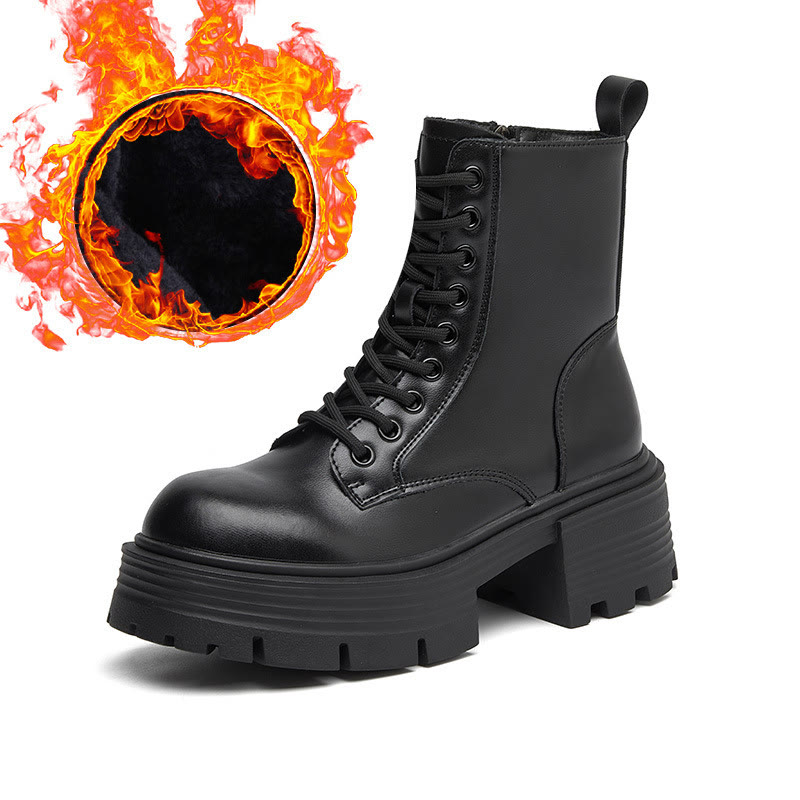 Genuine Leather Platform Combat Boots with Shoe Chain - Black+Cotton Lining - 40 - image 15