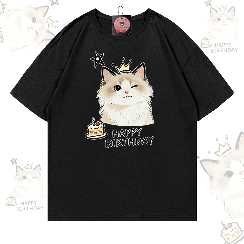 HAPPY BIRTHDAY Cute Cat Graphic Modakawa 100% Cotton T-shirt - Black - 5XL - image 3