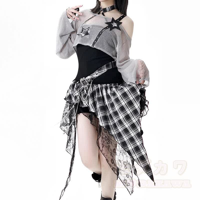 Gothic Sheer Mesh Top Plaid Dress Two Pieces Set - image 3