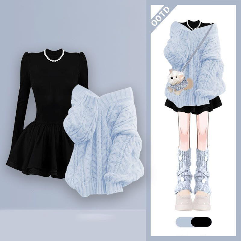 Chic Knit Sweater and Dress Two Pieces Set - Blue Top+Black Dress - 4XL - image 5
