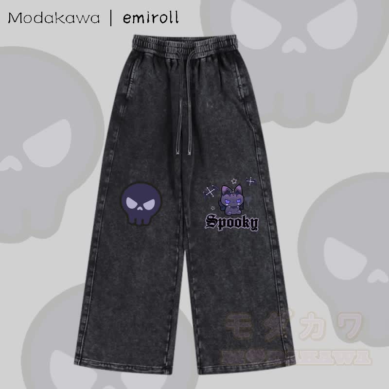 MODAKAWA X emiroll Devil Kitty Graphic Vintage Washed Adjustable Hem Pants - Black - 2XL - image 5