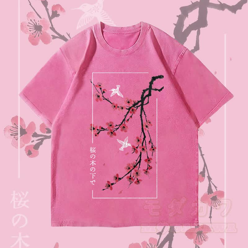 MODAKAWA Cherry Blossom and Bird Graphic Unisex Vintage Washed T-Shirt - Rose red - 4XL - image 3