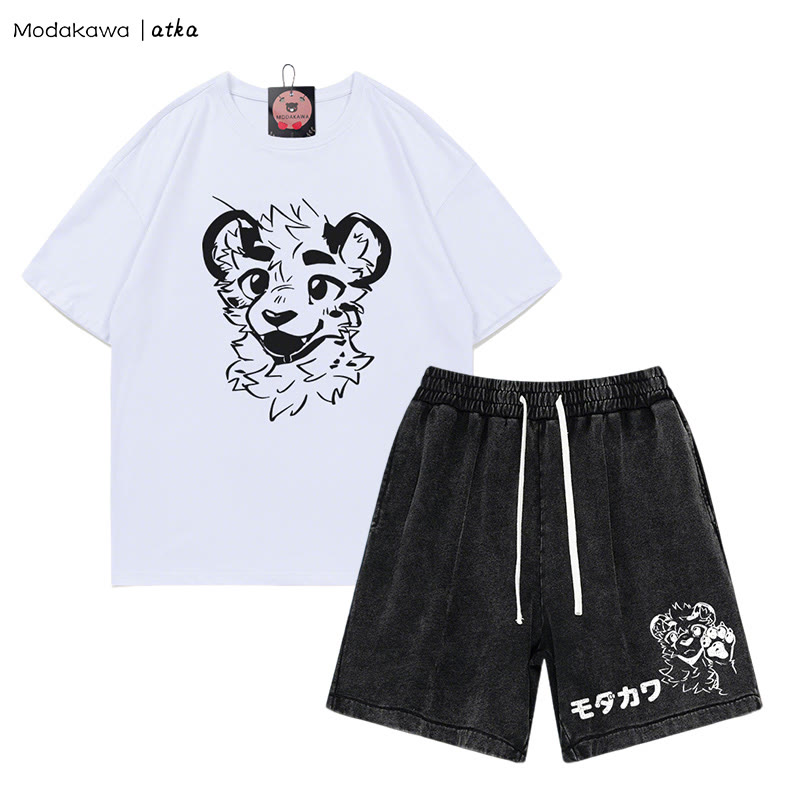 MODAKAWA X atka Tiger Print T-shirt Vintage Washed Shorts Two Pieces Set - White&Black - 3XL - image 7