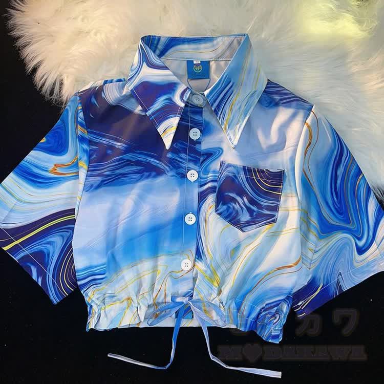 Tropical Print Cropped Button-Up Shirt - Multicolor H - L - image 10