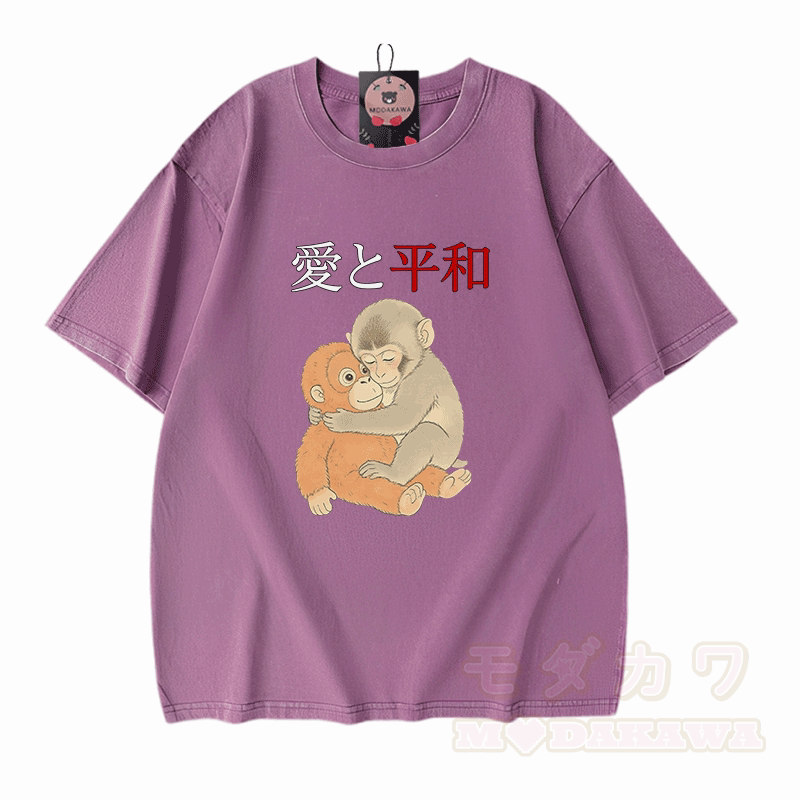 Peace Love Hugging PUNCH Monkey Graphic Modakawa Vintage Washed 100% Cotton T-shirt - Purple - 5XL - image 6