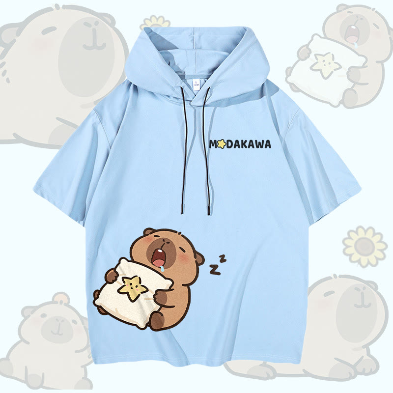 Sleepy Capybara Graphic Modakawa Short Sleeve Hoodie - Sky Blue - 3XL - image 2