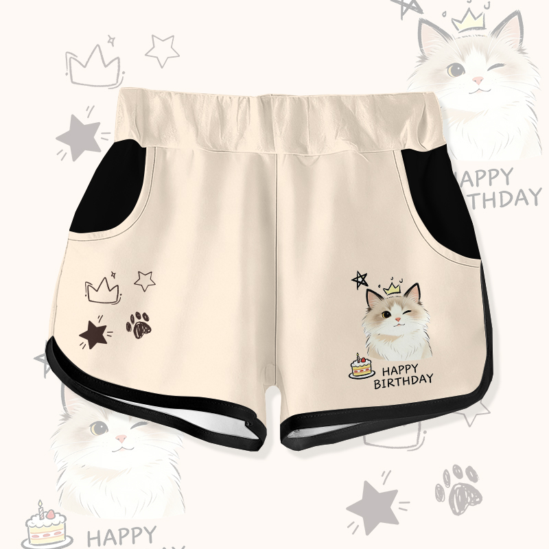 HAPPY BIRTHDAY Wink Cat Cake Graphic Modakawa Shorts - Apricot - 5XL - image 4