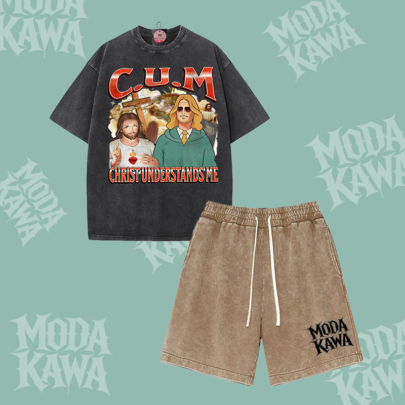 Character Graphic Modakawa Vintage Washed T-shirt Shorts Two Pieces Set - Black & Brown - 3XL - image 2