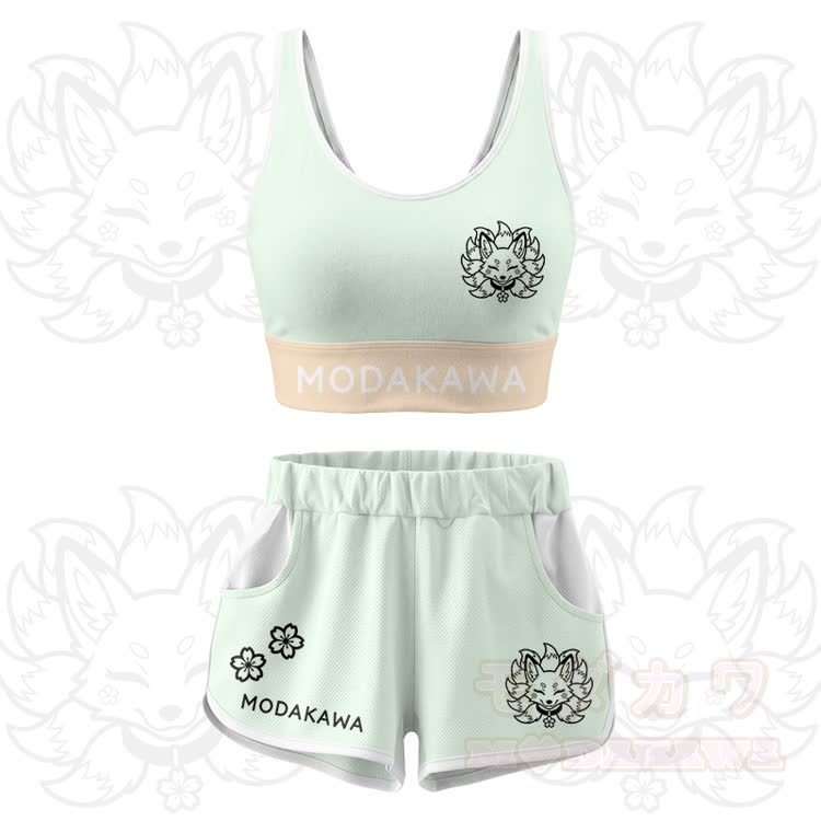 Nine Tailed Fox Graphic Crop Tank Sport Top Shorts Modakawa Matching Outfit - Green Set - 5XL - image 14