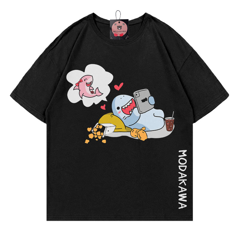 Shark Letter Print Modakawa T-shirt - Black - 5XL - image 3