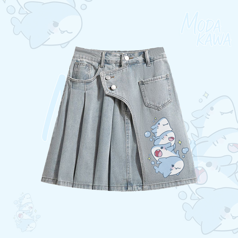Shark Graphic Oversized Button Up Shirt Irregular Denim Pleated Skirt Modakawa Matching Outfit - Blue Skirt - XL - image 3