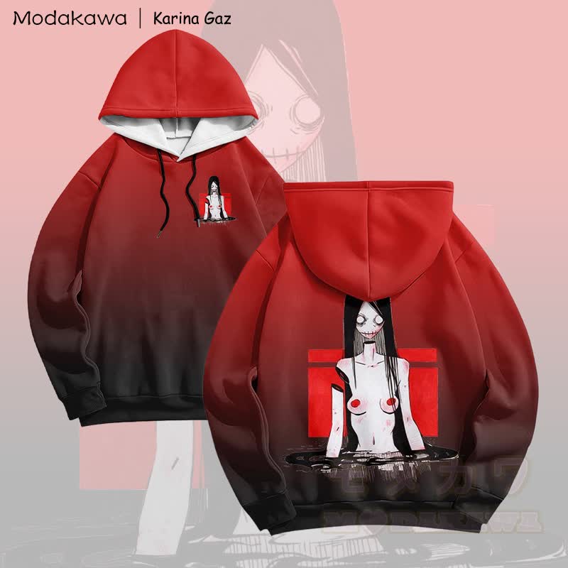 MODAKAWA X Karina Gaz Anime Graphic Gradient Pullover Hoodie - Red & Black - 6XL - image 3