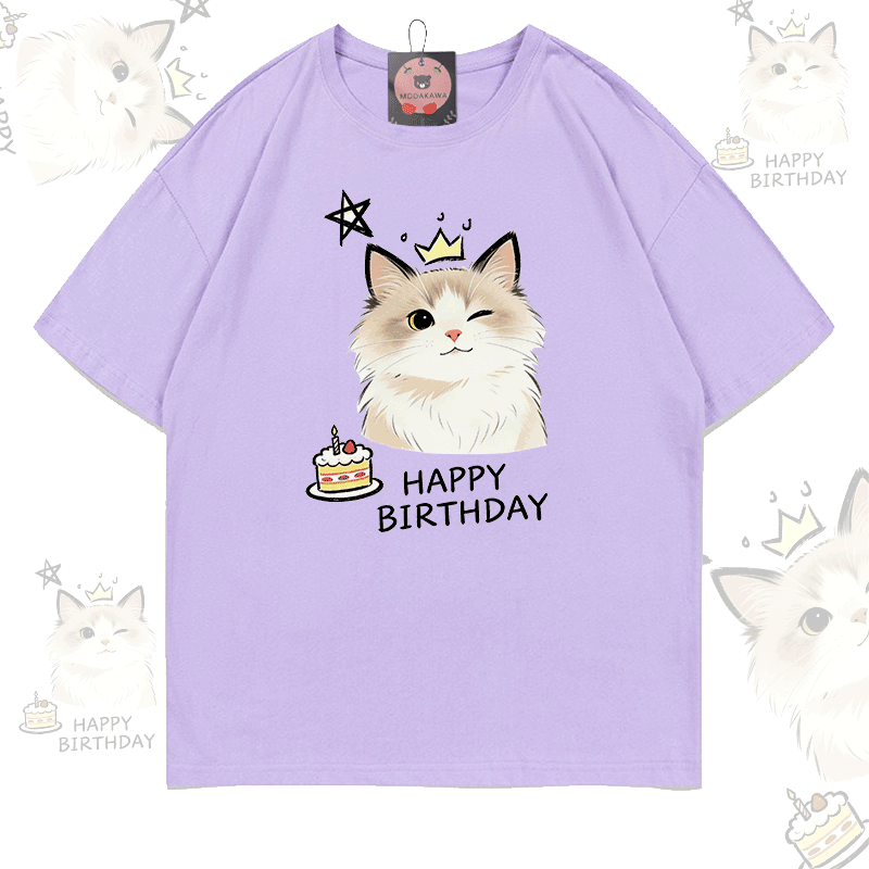 HAPPY BIRTHDAY Cute Cat Graphic Modakawa 100% Cotton T-shirt - Light Purple - 5XL - image 6