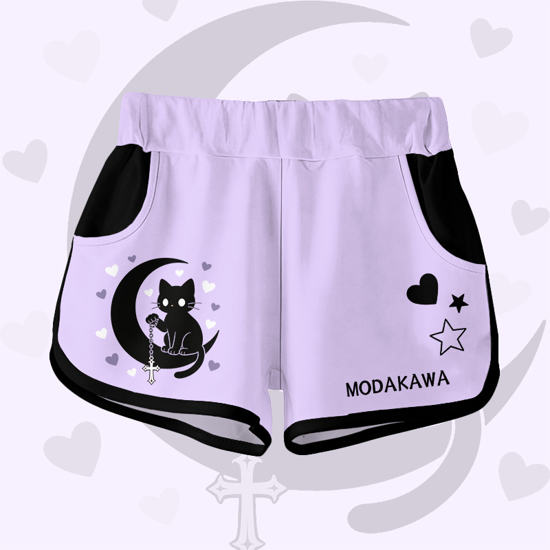 Astrology Black Cat Graphic Modakawa Shorts - Purple A - 5XL - image 5
