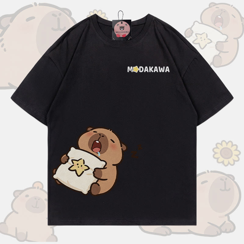 Sleepy Capybara Graphic Modakawa 100% Cotton T-shirt - Black - 5XL - image 2
