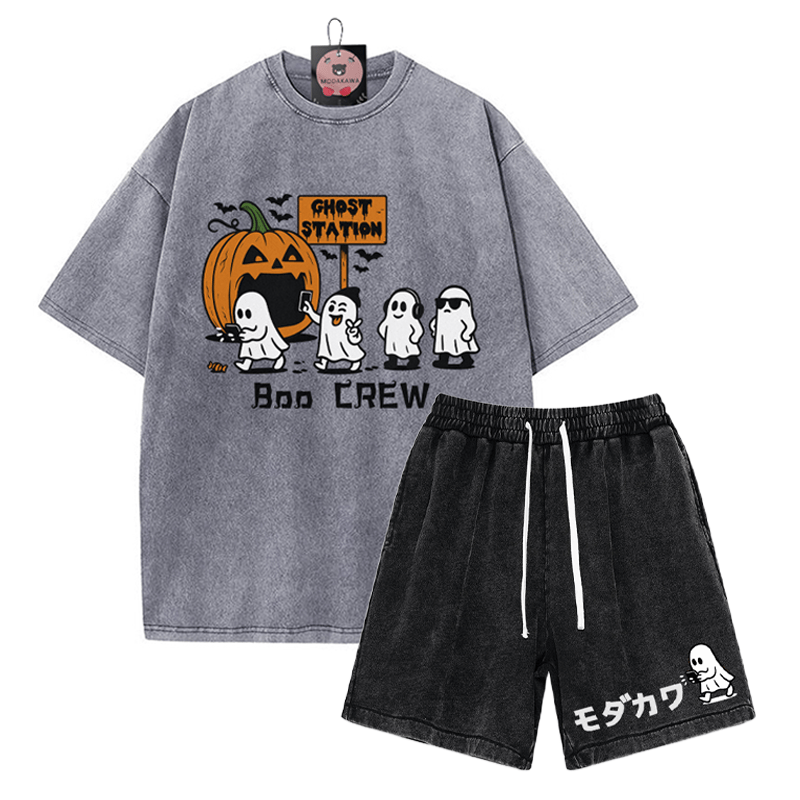 BOO CREW Ghost Station Halloween Graphic T-shirt Vintage Washed Shorts Two Pieces Set - Grey&Black - 3XL - image 12