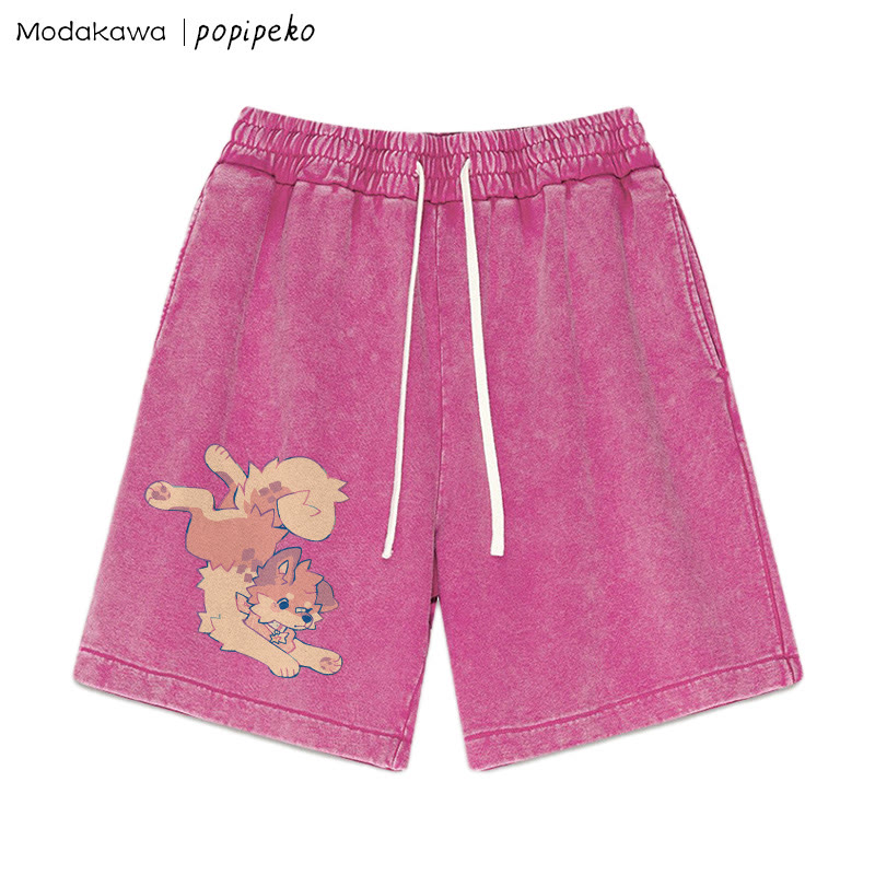 MODAKAWA X popipeko Puppy Print Vintage Washed Shorts - Rose Red - 3XL - image 5
