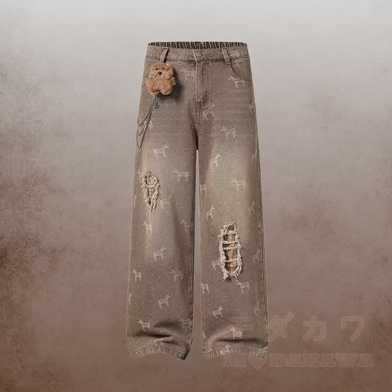 Puppy Embroidery Tie Gingham Shirt 3D Bear Chain Ripped Denim Pants Modakawa Matching Outfit - Brown Pants - XL - image 7