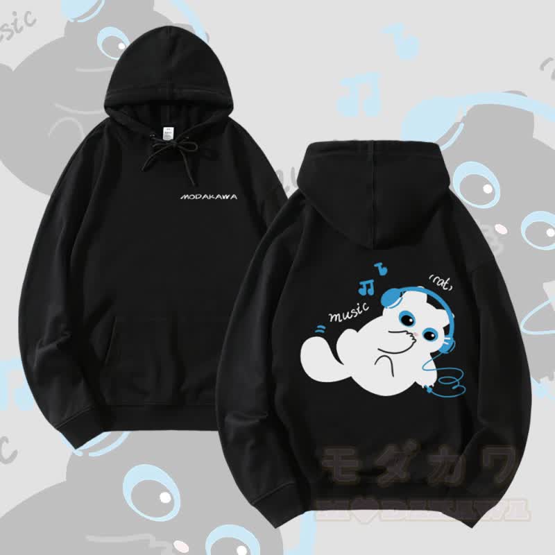 MODAKAWA Black Cat Listening to Music Graphic Cotton-Blend Matching Hoodie - Black - 5XL - image 4