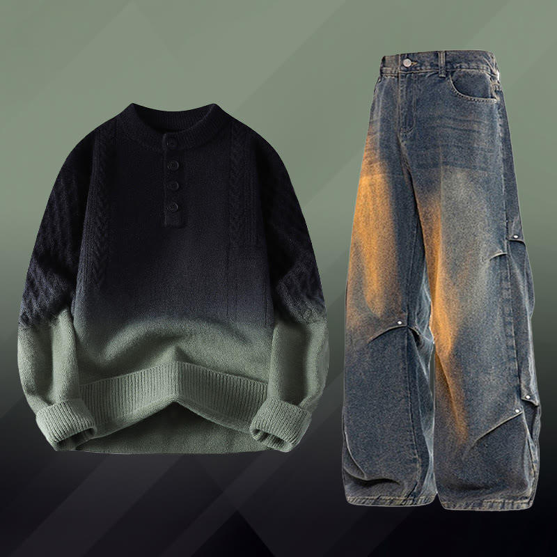 Gradient Cable Knit Sweater Denim Pants Two Pieces - Set F - 3XL - image 6