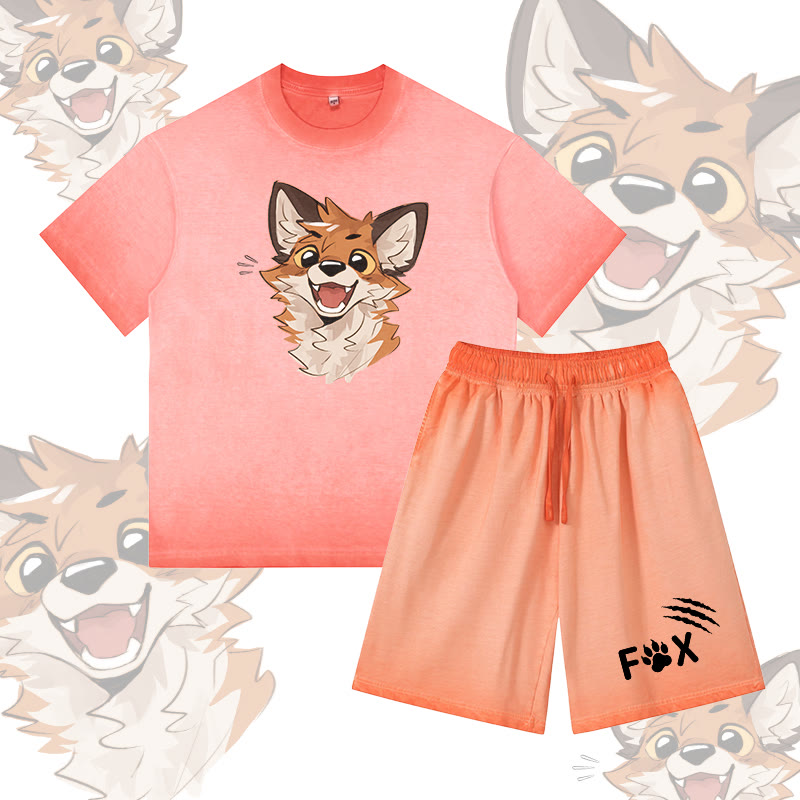 MODAKAWA X atka Happy Fox Graphic Vintage Washed T-shirt FOX Letter Graphic Shorts Gradient Two Pieces Set - Orange - 5XL - image 3