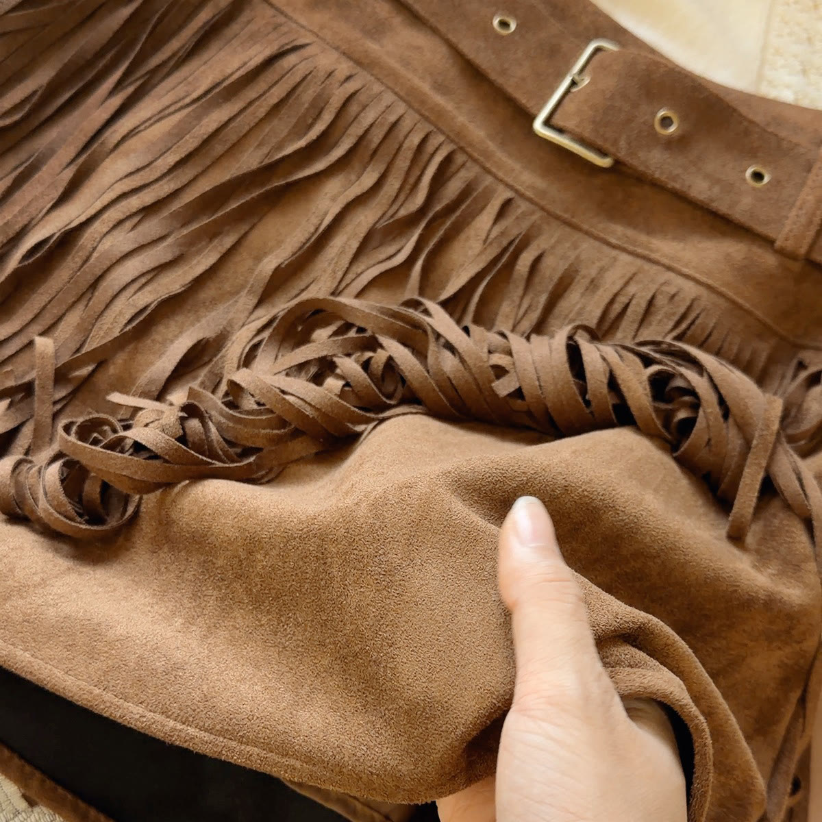 Vintage Faux Suede Mini Skirt with Fringe and Belt - image 10