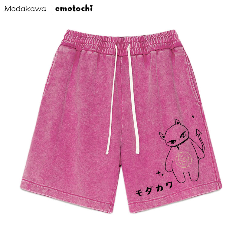 MODAKAWA X emotochi Demon Kitty Graphic Vintage Washed Shorts - Rose Red - 3XL - image 5