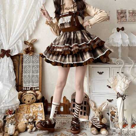 Plaid Dress and Hooded Cape and Lace-Trimmed Top Three Pieces Set - image 10